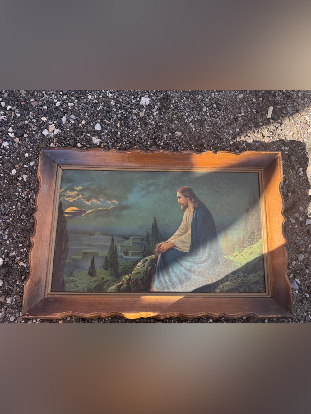 VTG wood framed lithograph "Christ on the Mount of Olives" J Untersberger 23"
